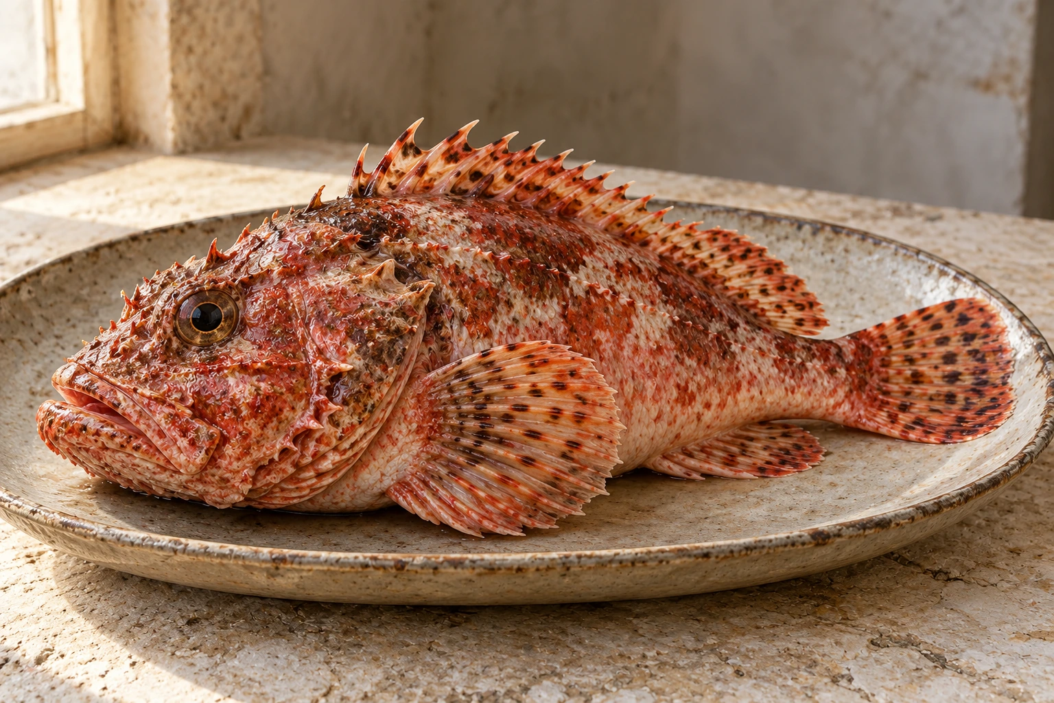 A whole raw scorpionfish with mottled red-orange skin and spiny fins.