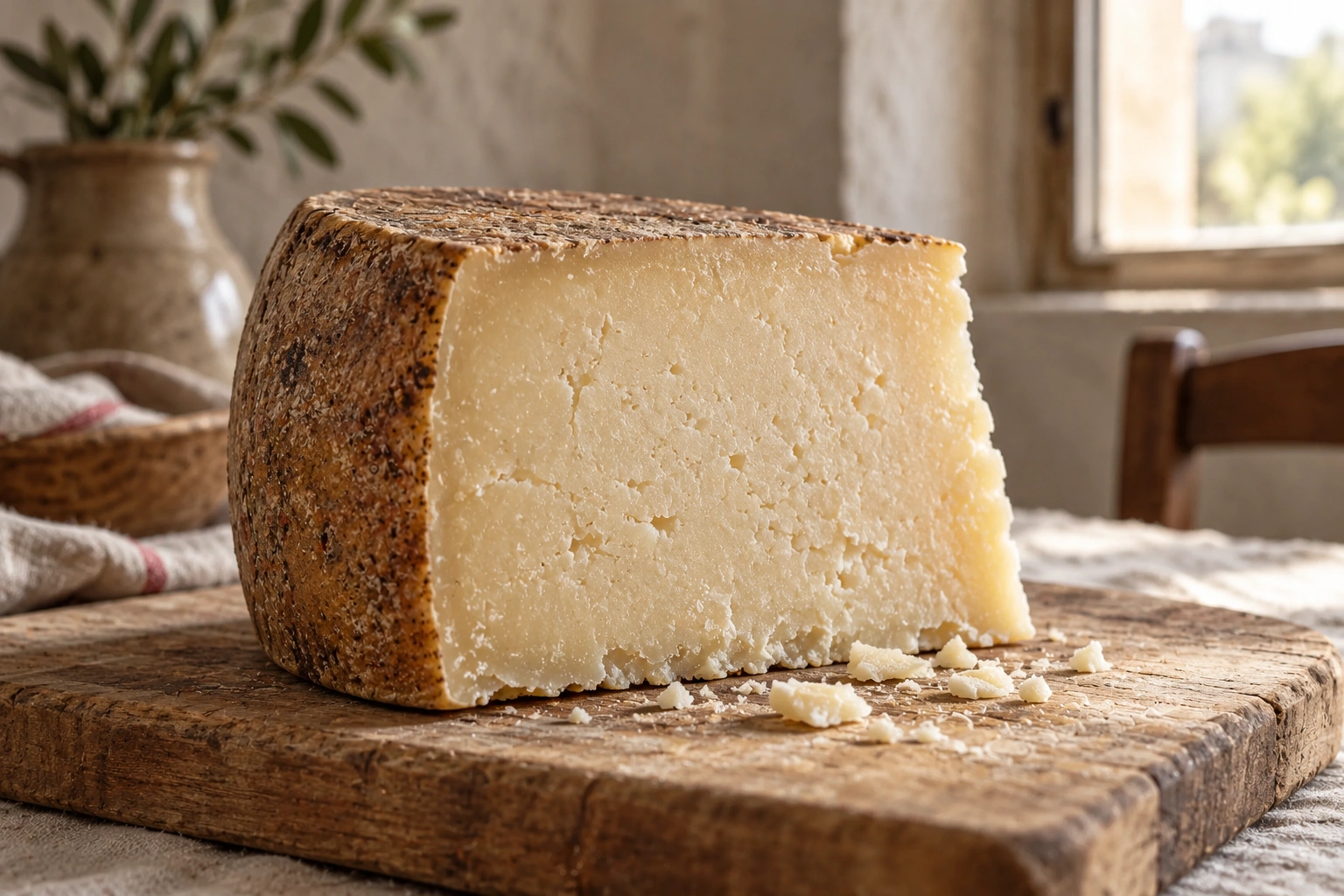 Uno spicchio sodo di pecorino stagionato, con pasta chiara granulosa e crosta bruna, su un tagliere.