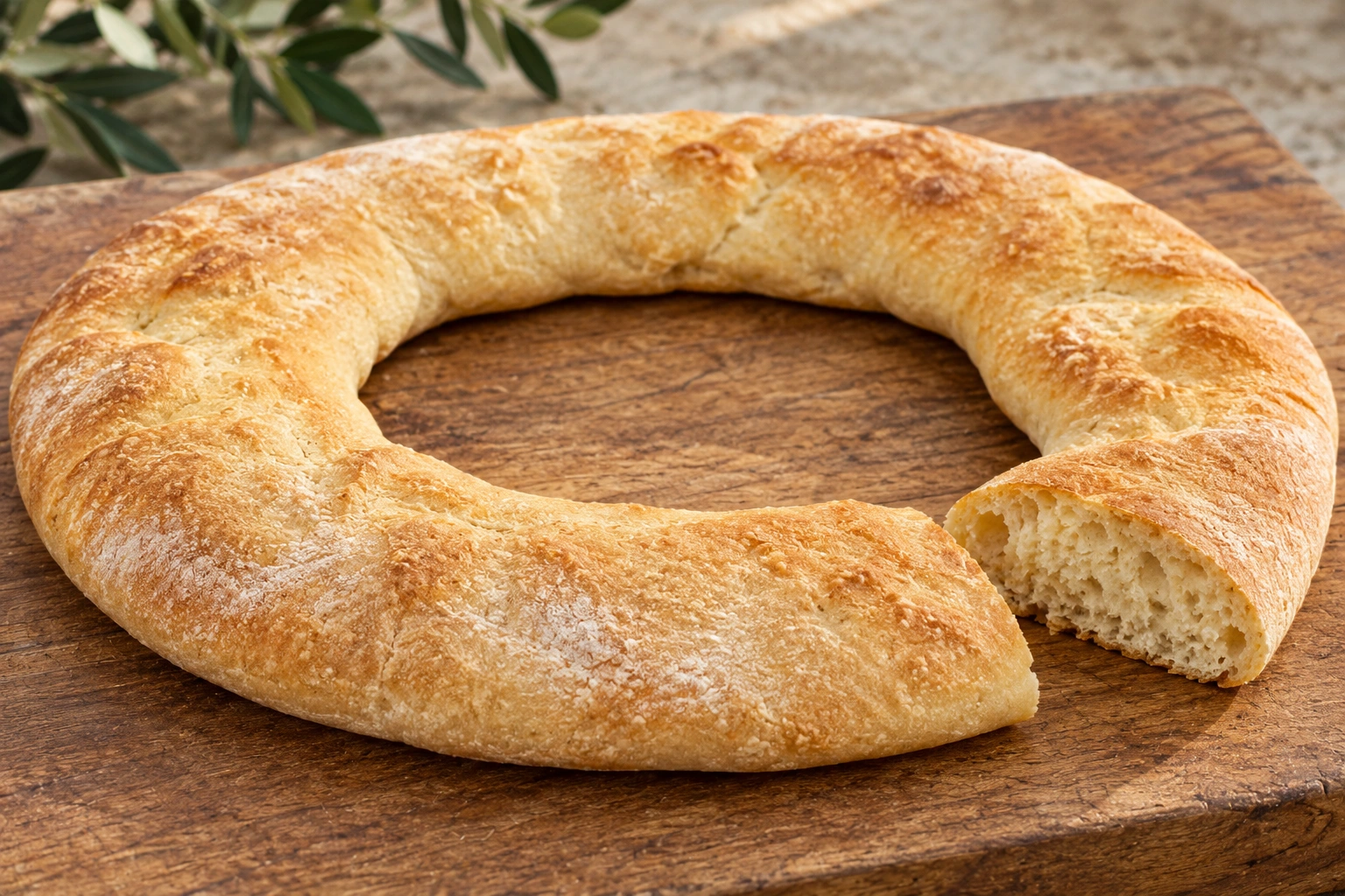 Una pitta catanzarese bassa e ad anello largo, con un bordo tagliato che mostra la mollica.