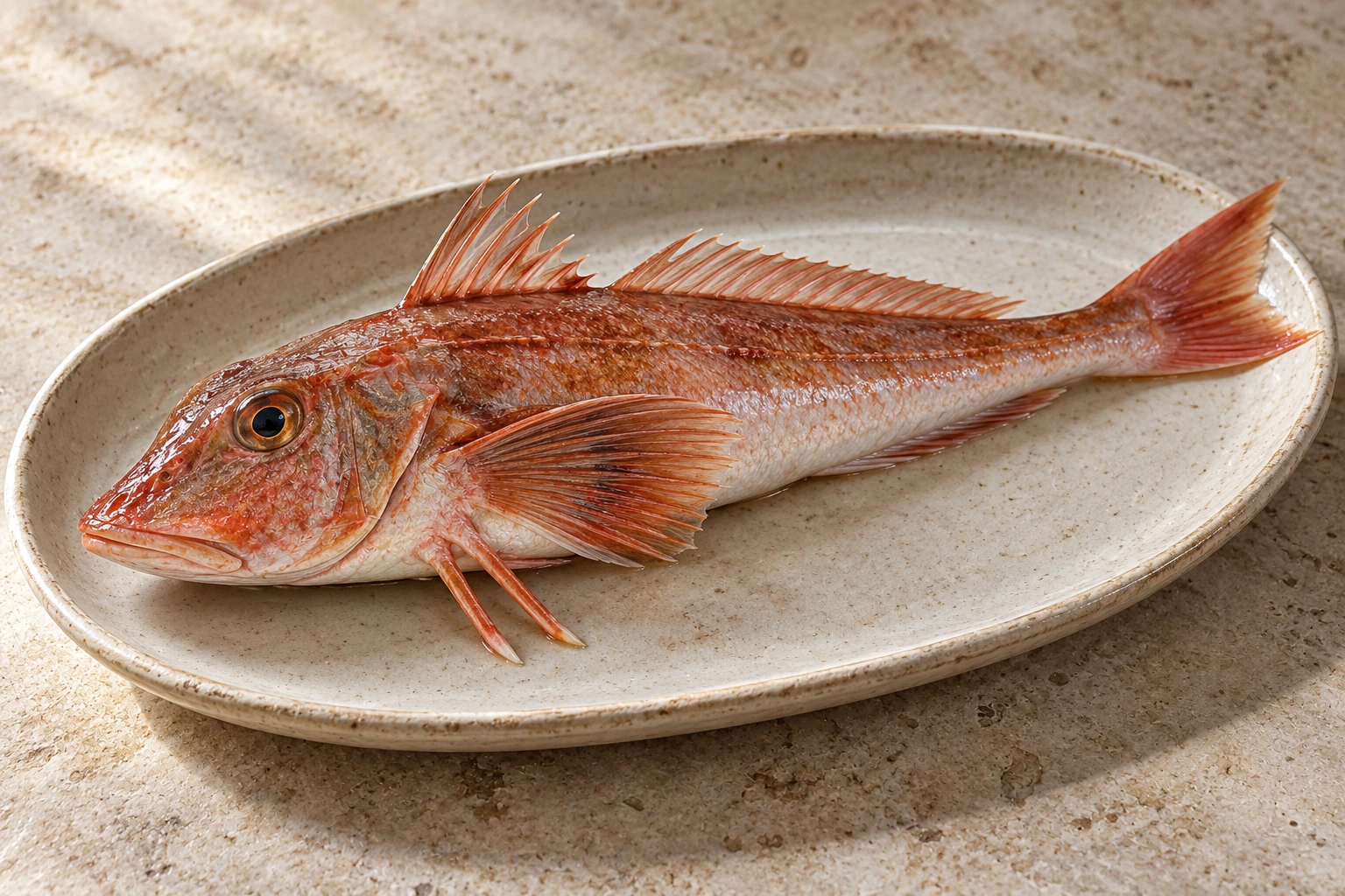 A whole raw gurnard with orange-pink skin and broad pectoral fin in a ceramic tray.