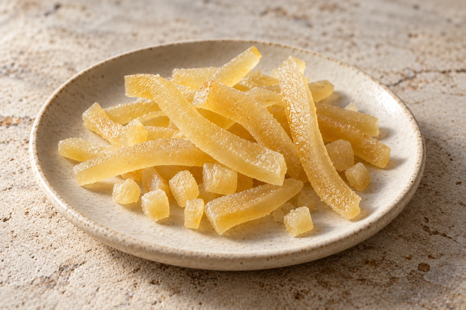 Strisce di zucca candita color paglierino e piccoli dadini su un piattino di ceramica.