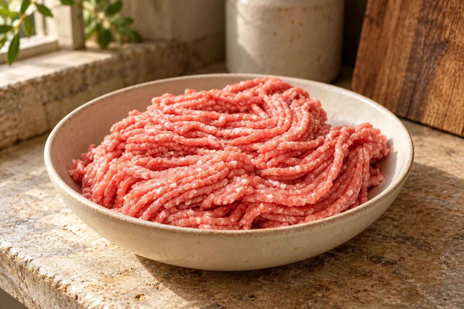 Macinato crudo di vitello rosato in una ciotola bassa di ceramica sul piano della cucina.