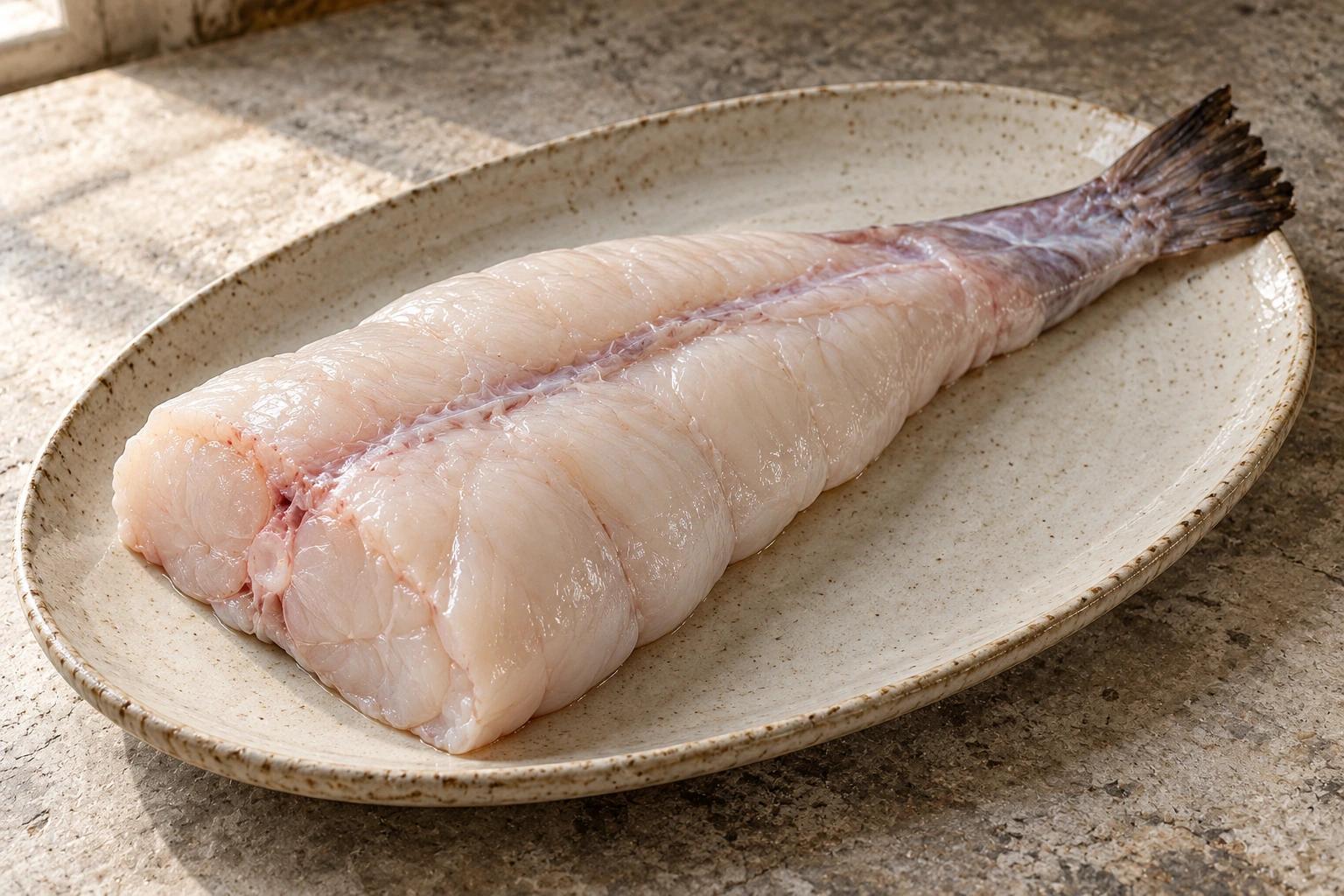 A raw skinned monkfish tail with its central backbone and terminal fin.
