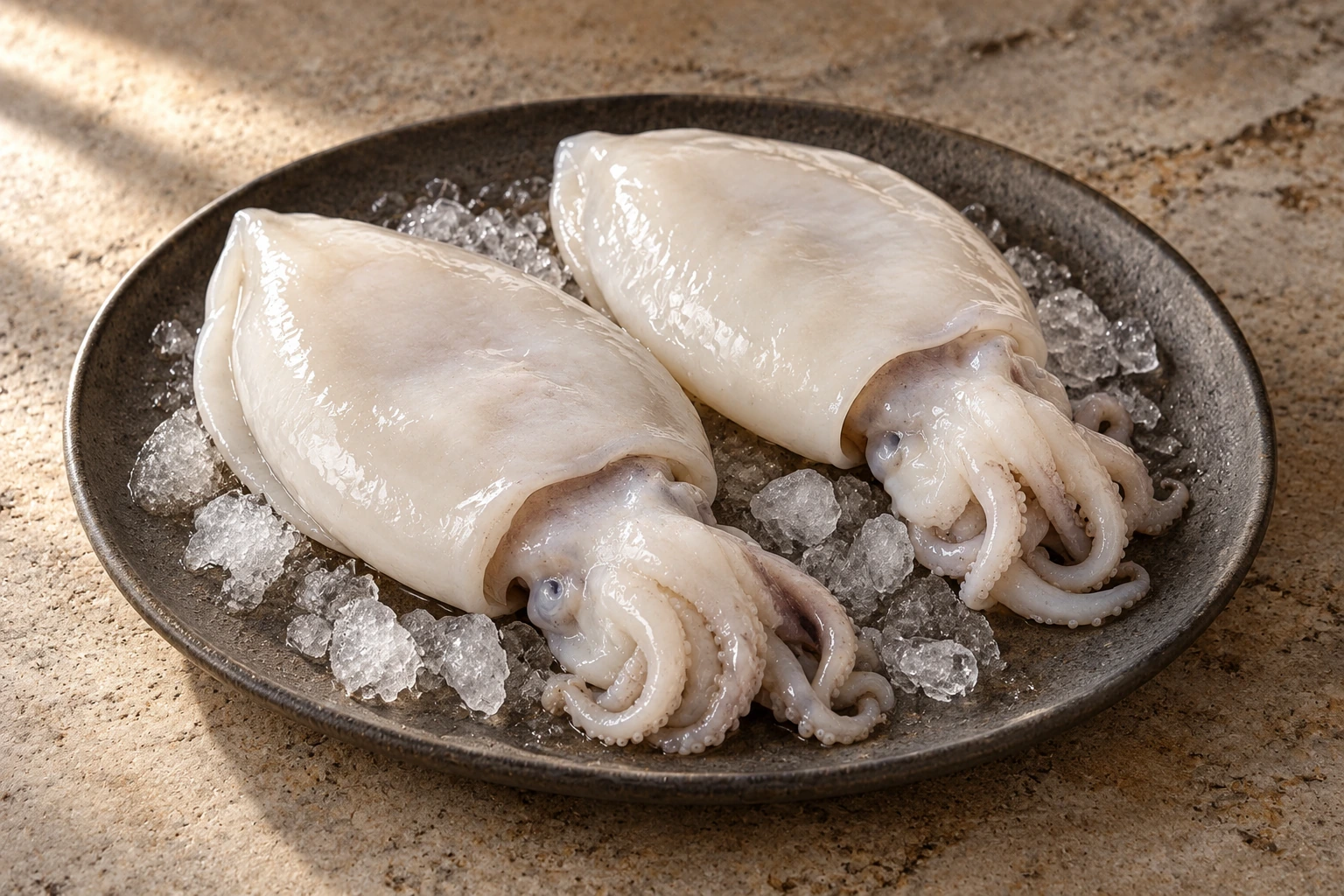Two cleaned raw cuttlefish with pale mantles and curled arms on ice.