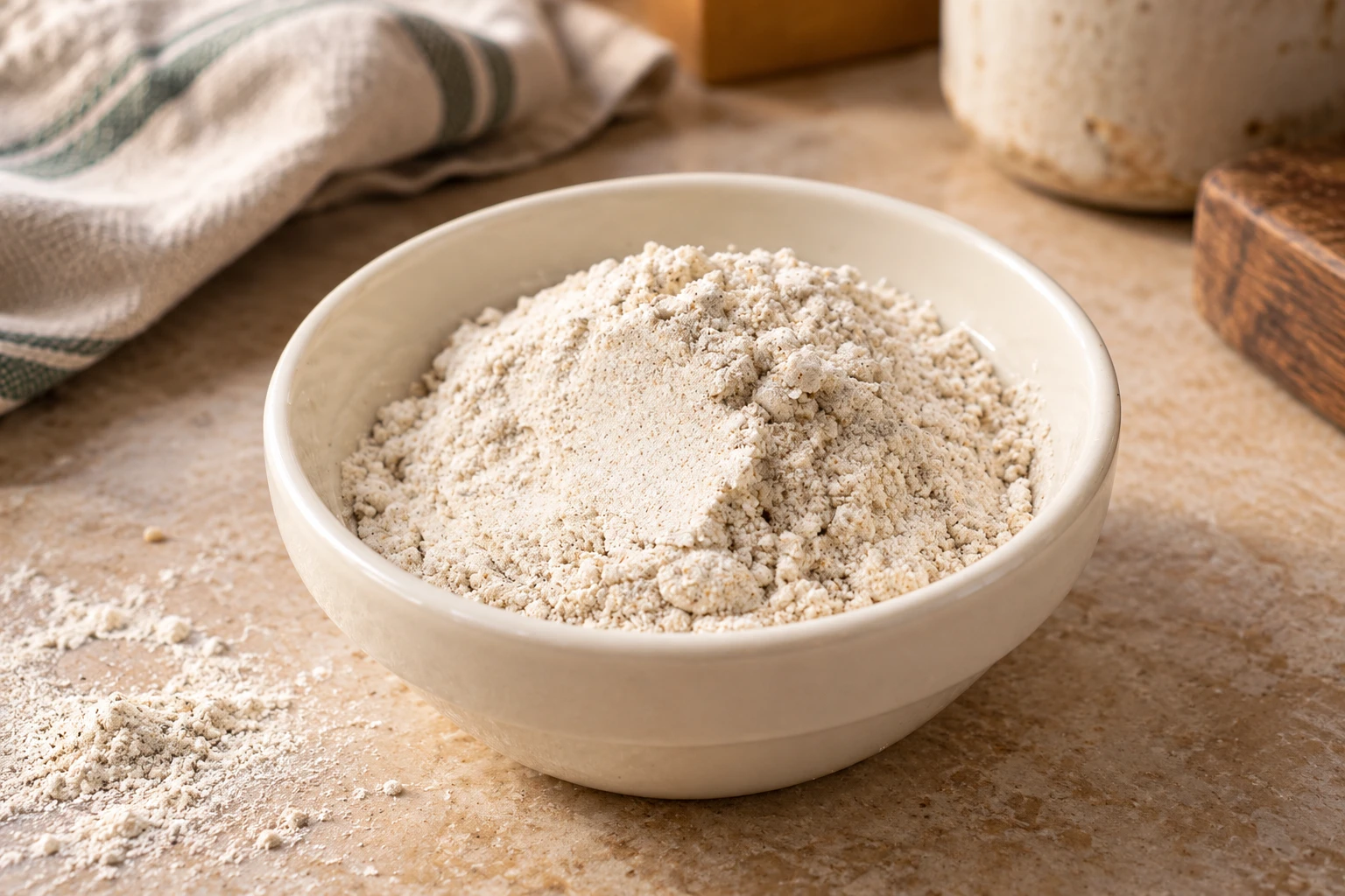 A mound of pale rye flour in an ivory bowl on a kitchen counter.