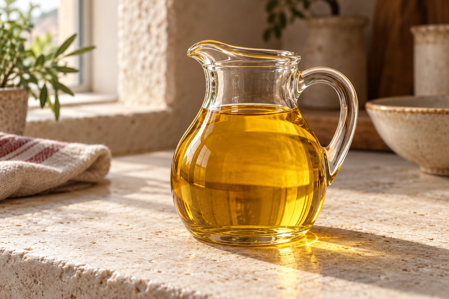 Olio di mais dorato chiaro in un recipiente di vetro senza etichetta.