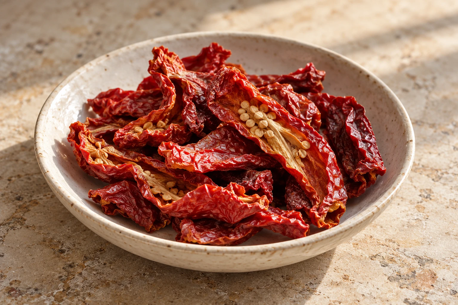 Pezzi di peperone rosso secco e rugoso in una ciotola bassa di ceramica.