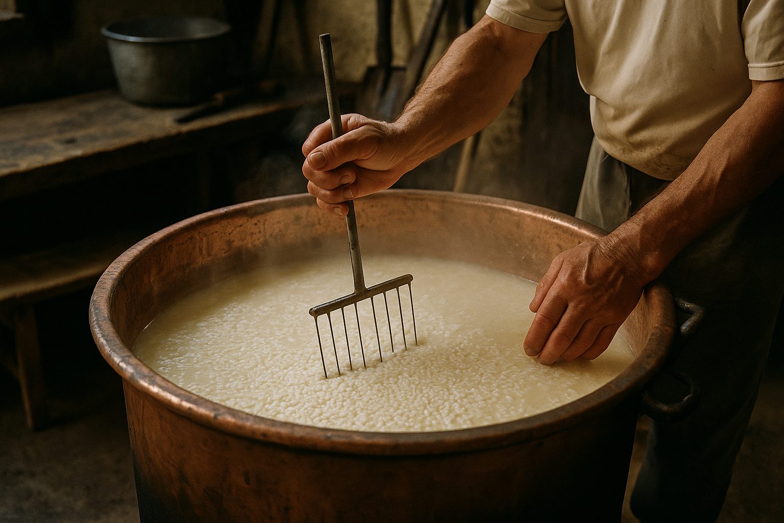 Cutting Asiago curd with a spino in a copper vat at a Veneto dairy