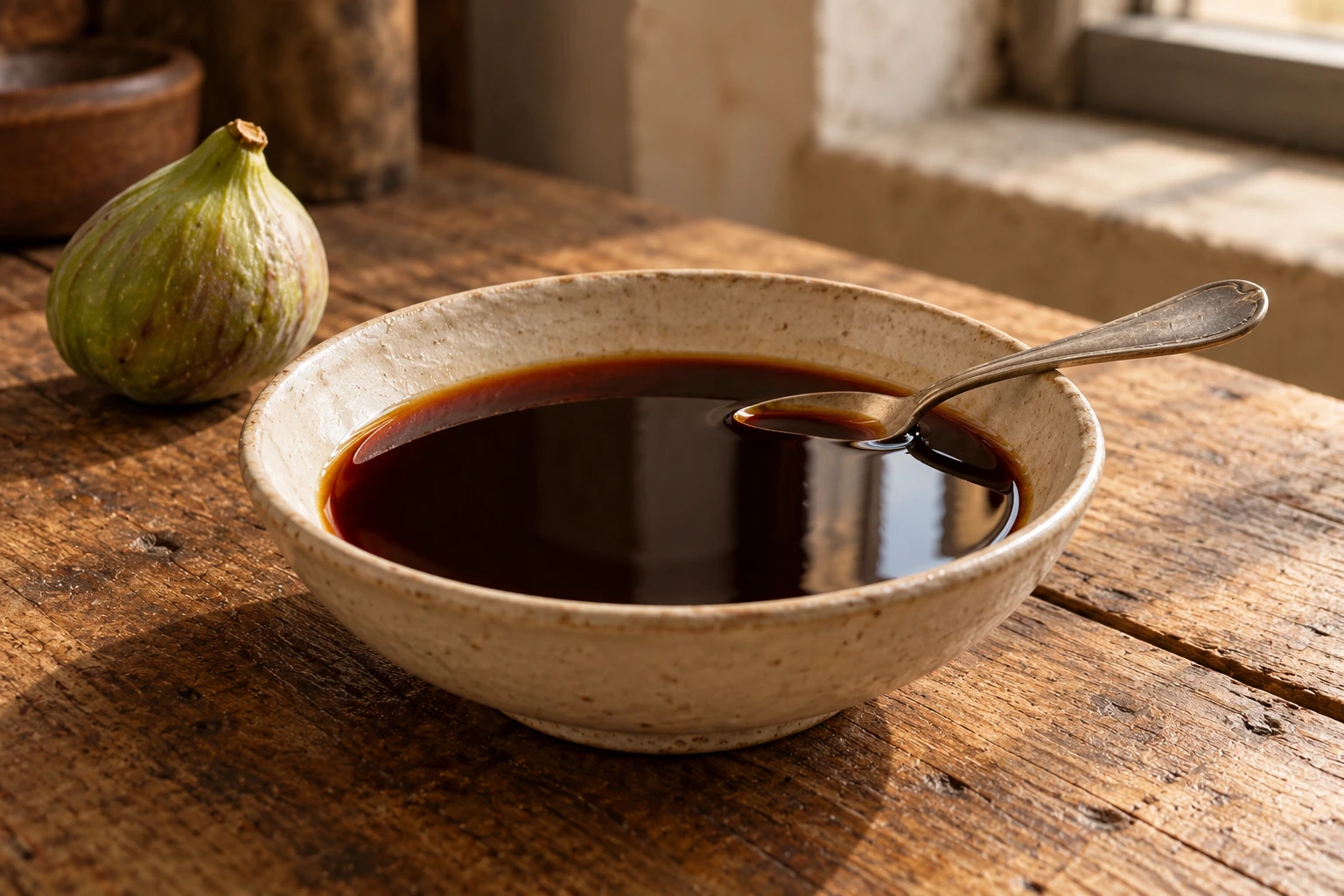 Dark fig vincotto syrup in a ceramic bowl beside a green fig.