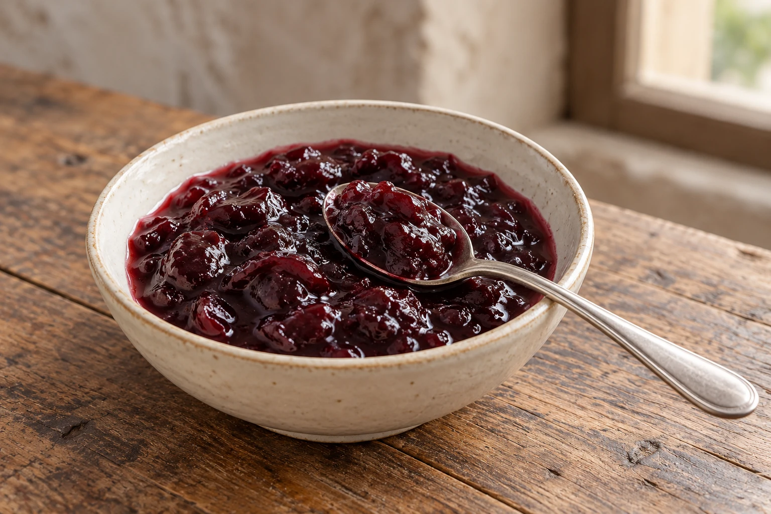 Dark red visciole preserve with softened fruit and a spoon