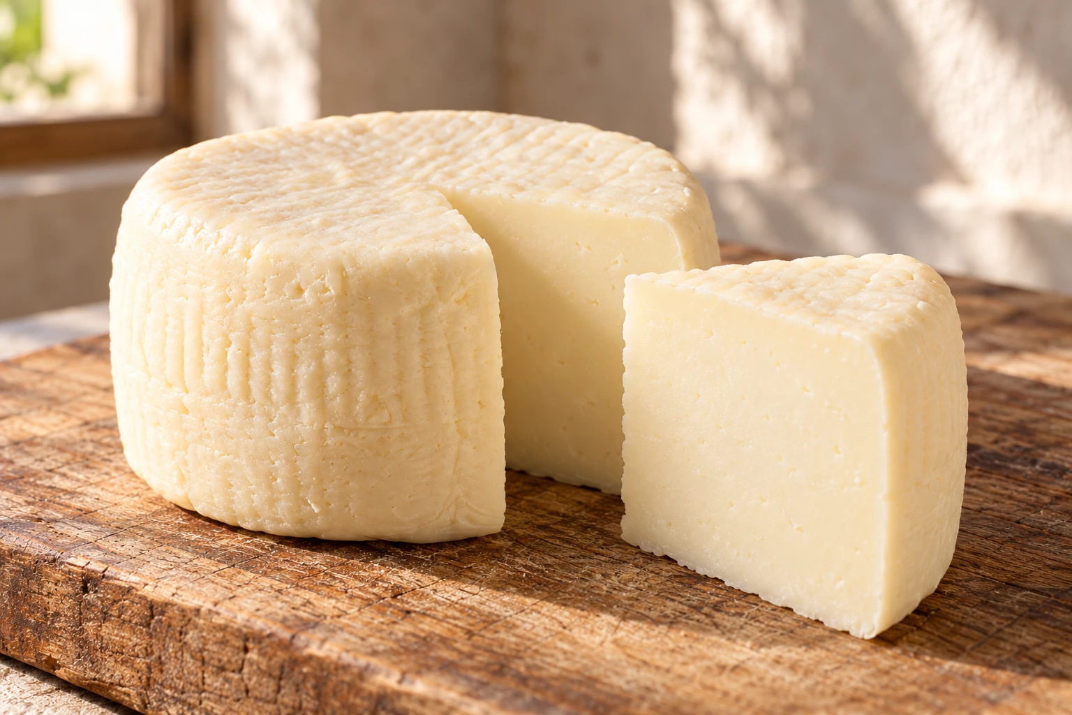Cacioricotta color avorio con una porzione tagliata su un tagliere di legno