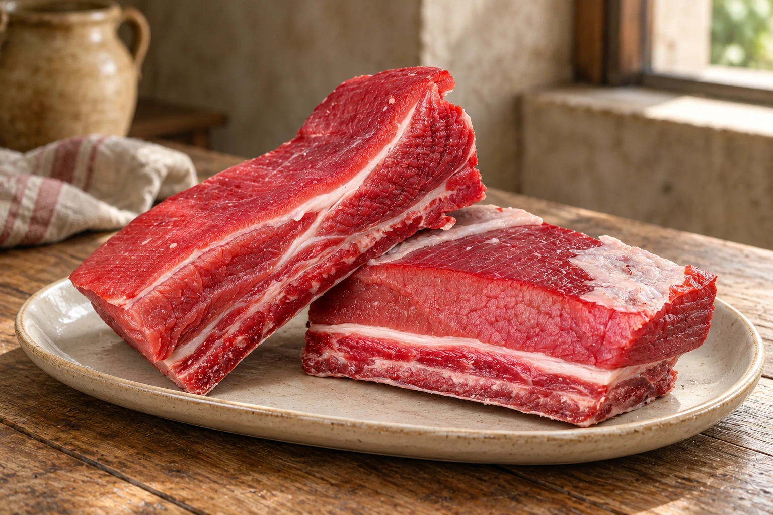 Pezzi di scaramella con strati di carne e grasso su un piatto