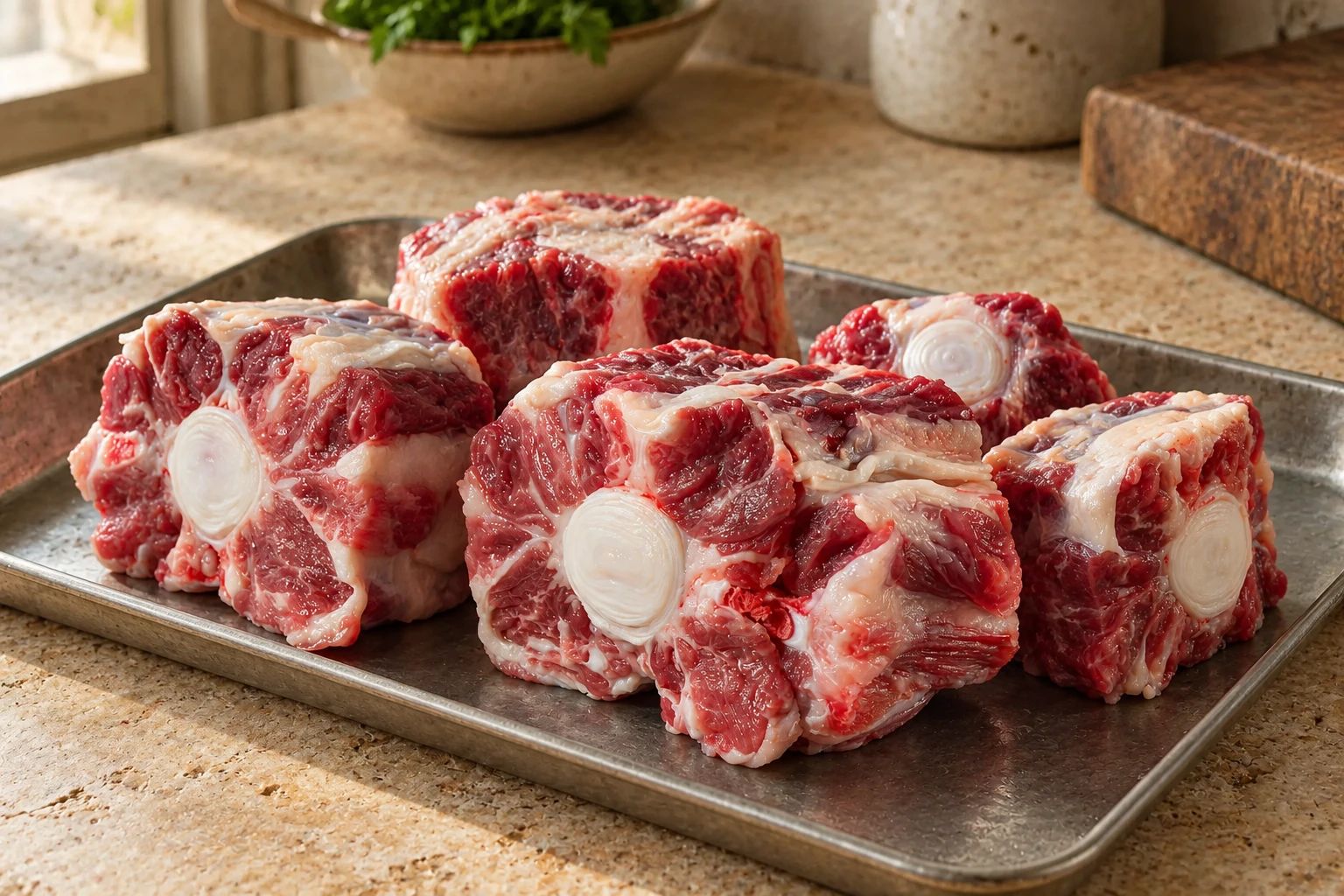 Beef tail sections on a metal tray
