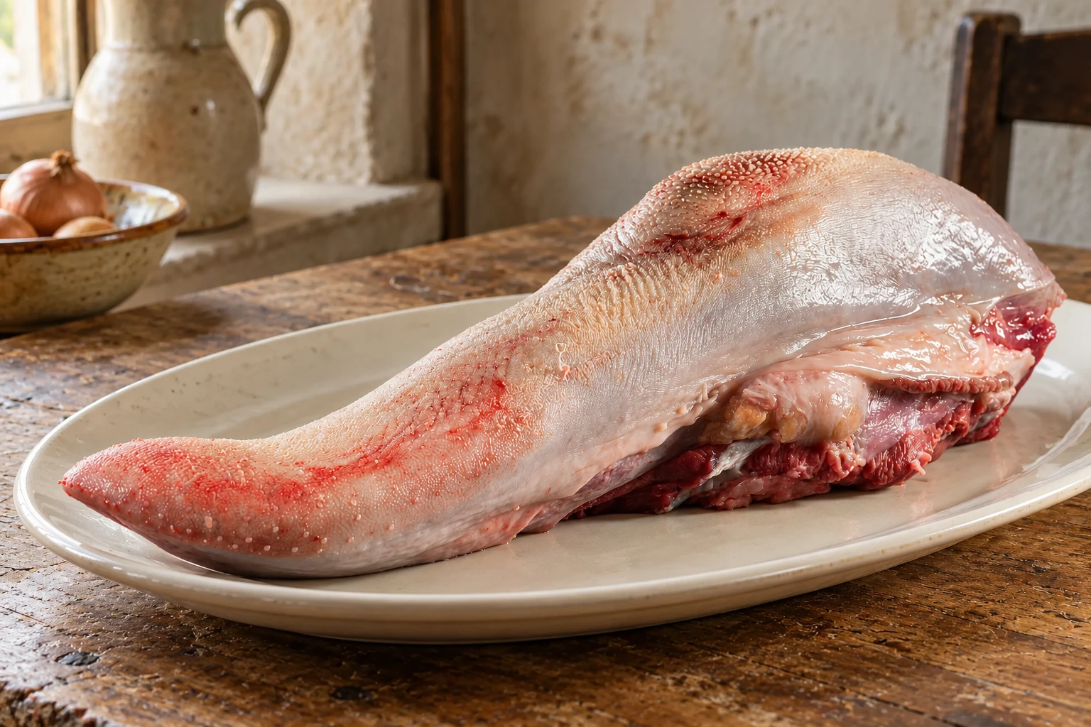 Lingua bovina intera su un piatto ovale