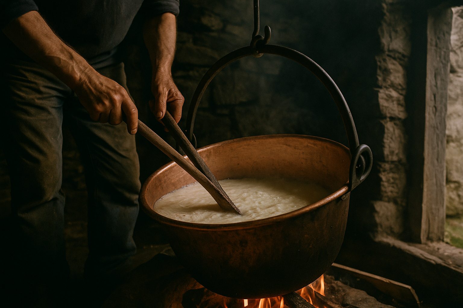 Stirring Bitto curd in a copper cauldron over a wood fire in a Valtellina alpine hut