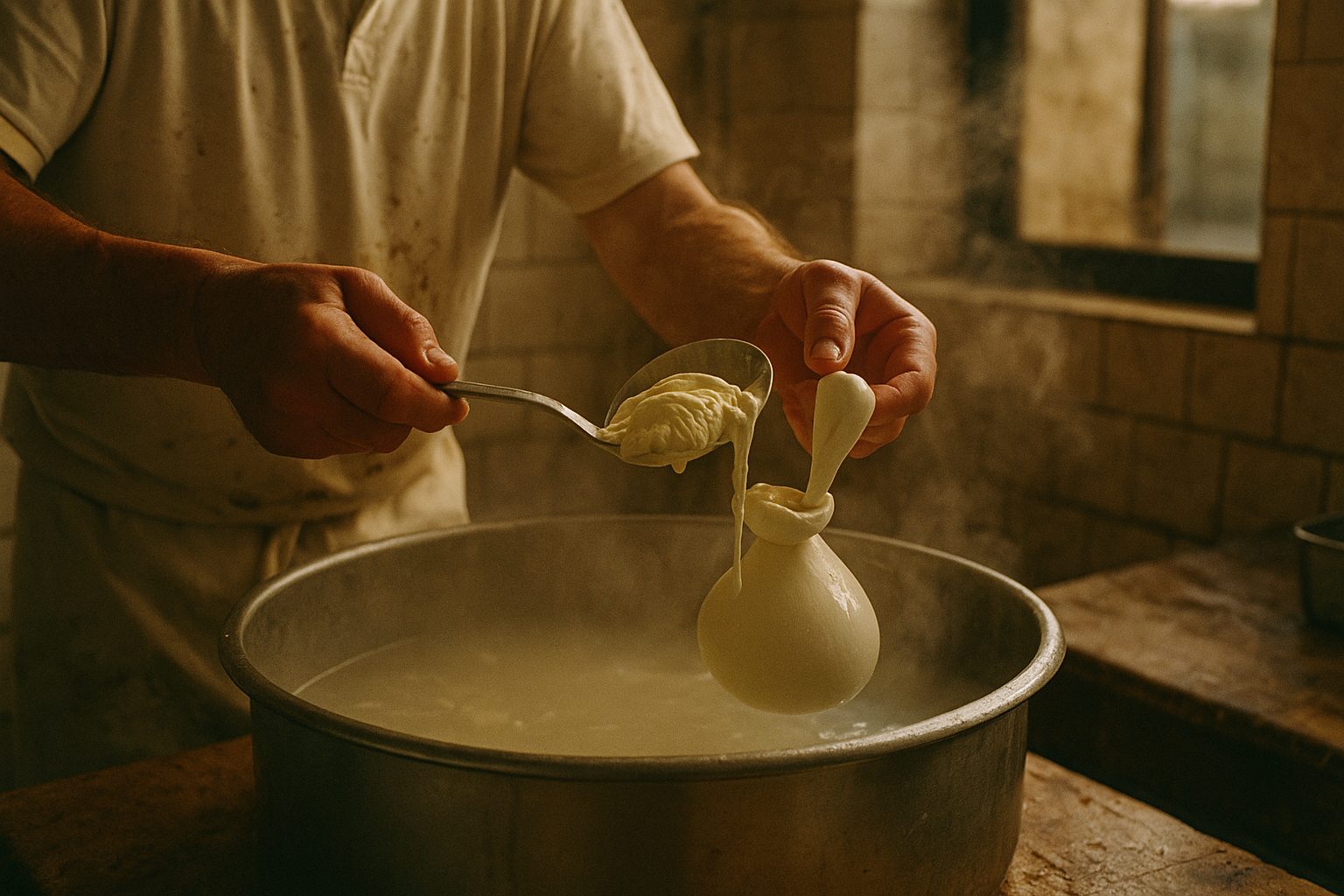 Hands filling a burrata pouch with stracciatella at a Puglia dairy