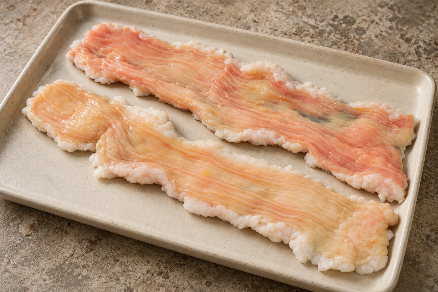 Split raw beef large-intestine portions with pale fat along irregular edges.