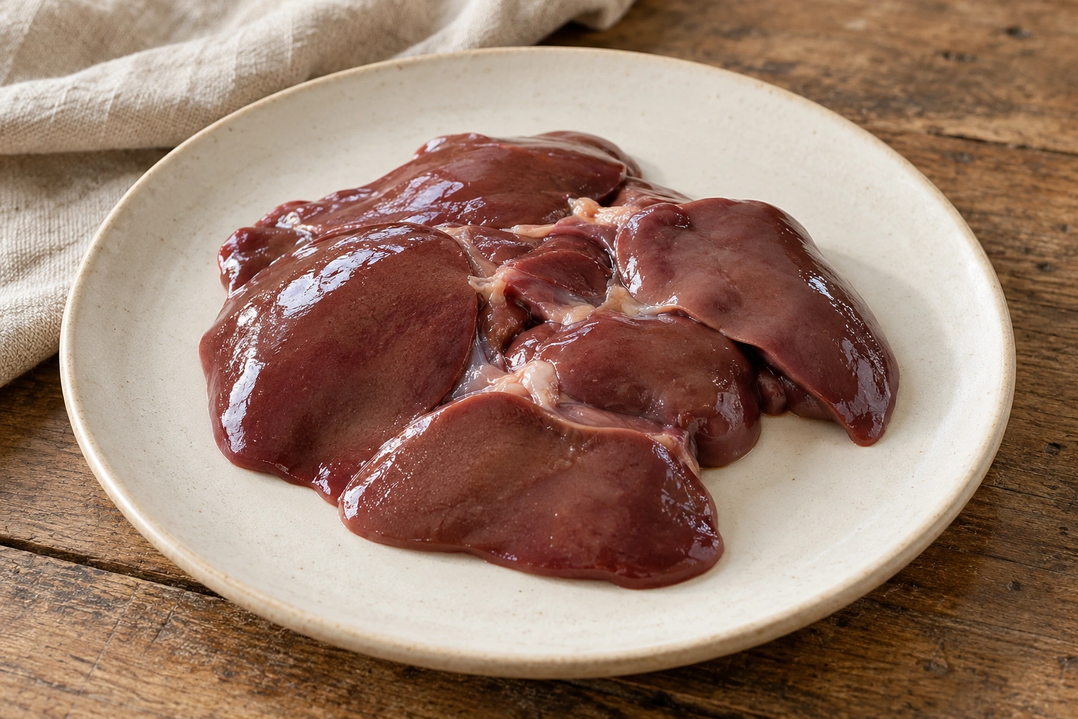 Raw rabbit liver with smooth maroon lobes on a ceramic plate.