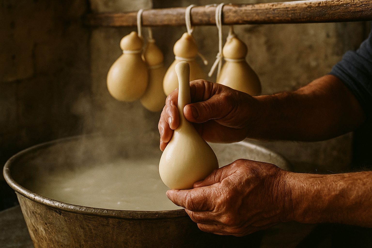 Shaping caciocavallo by hand over a steaming basin, finished pairs hanging behind