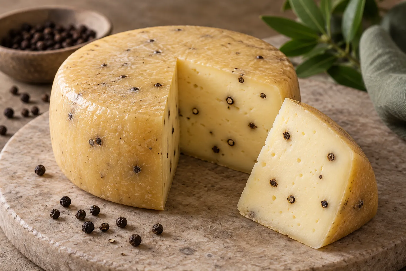 Black-pepper caciotta with a cut wedge showing peppercorns.