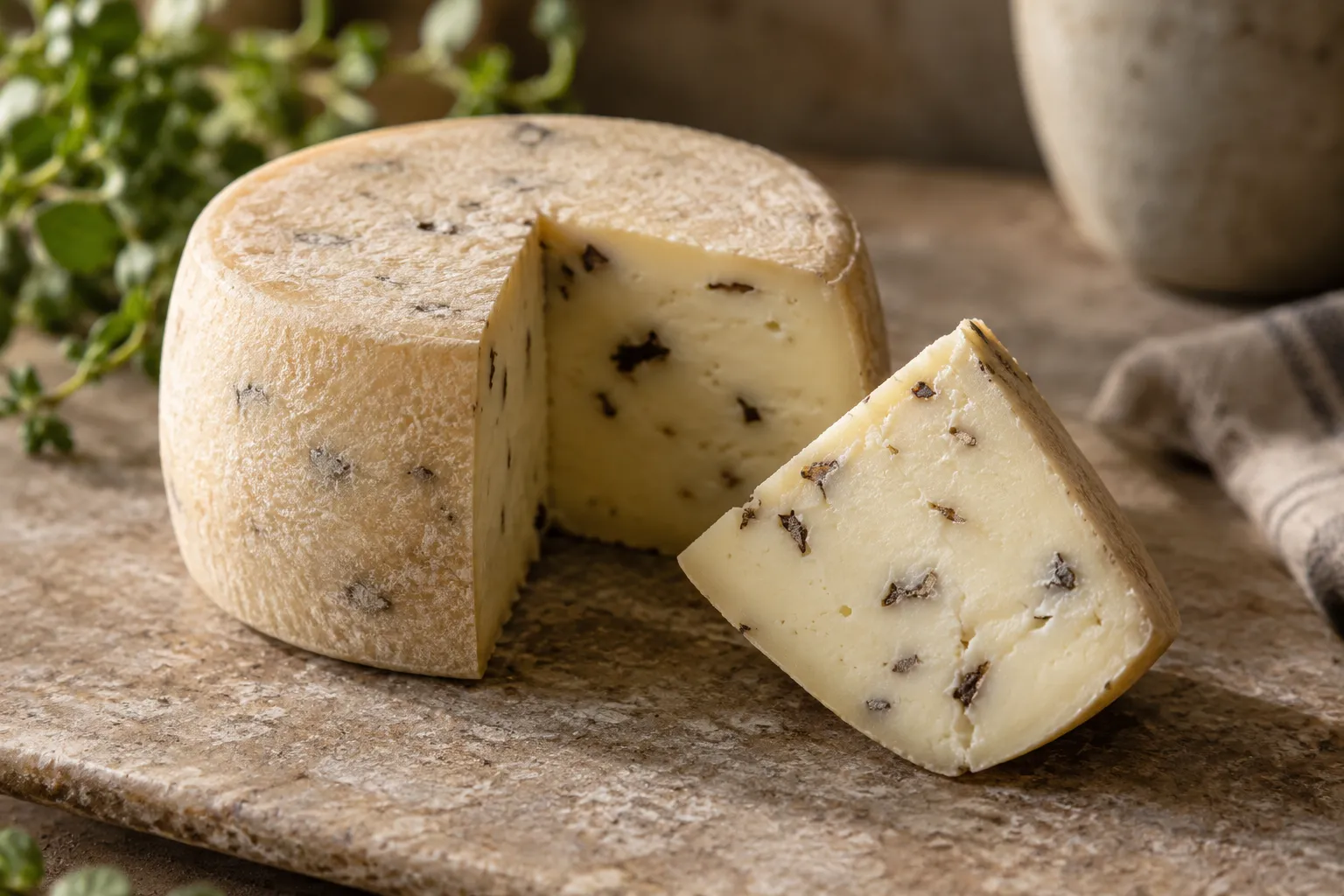 Small truffle caciotta with dark flakes in its pale cut surface.