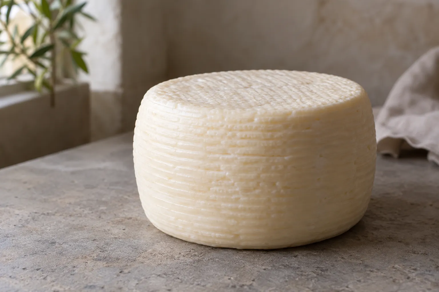 A whole plain Umbrian caciotta with fine mould ridges.