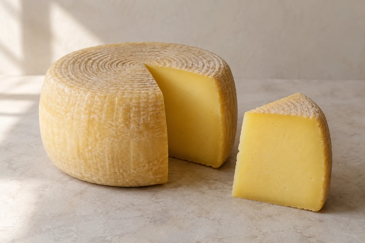 Caciotta romana cut open to show its compact straw-colored paste.