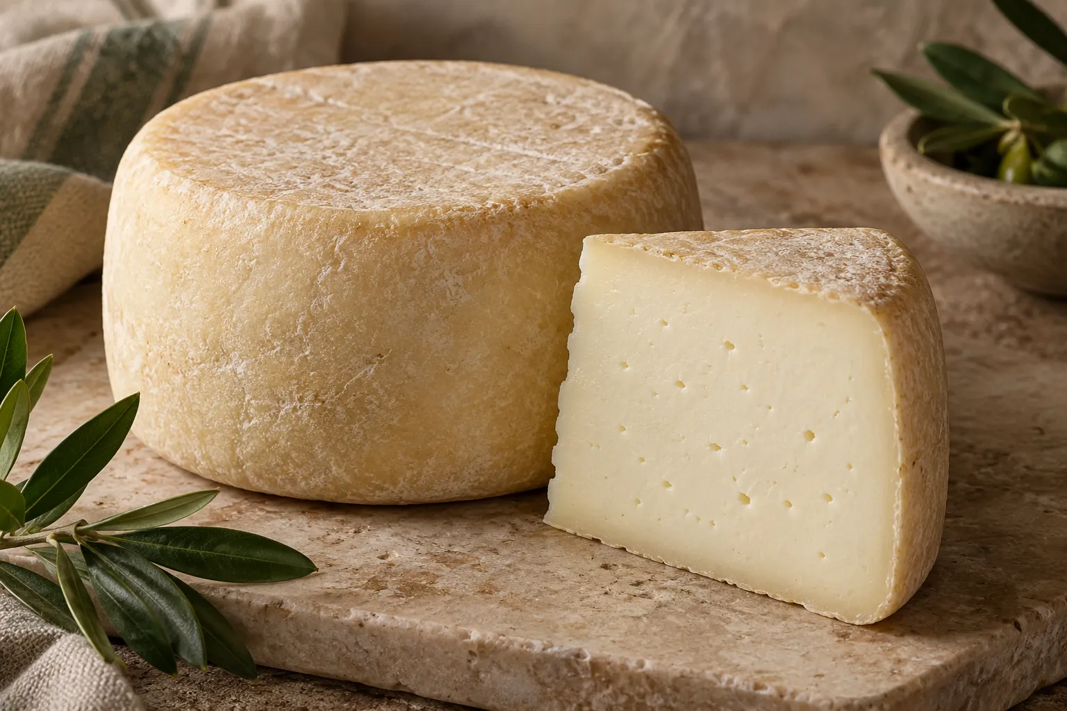Tuscan caciotta with a wedge of pale tender cheese.