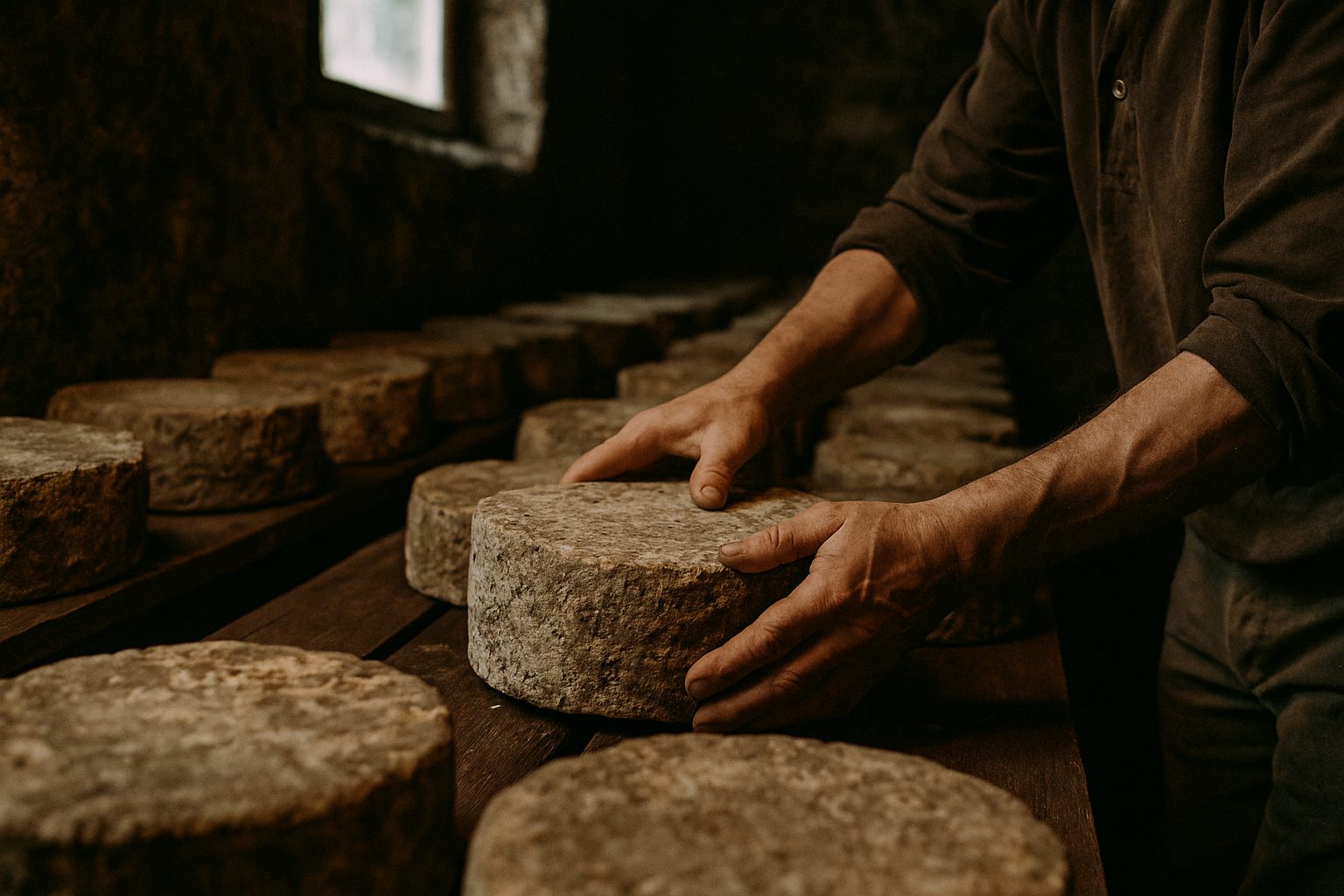 Turning Castelmagno wheels in a stone aging cellar in Piedmont