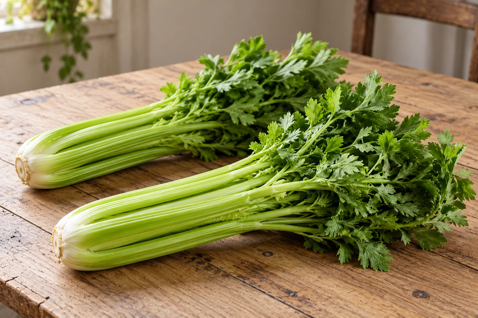 Due cespi interi di sedano con coste verde chiaro e foglie su un tavolo di legno.