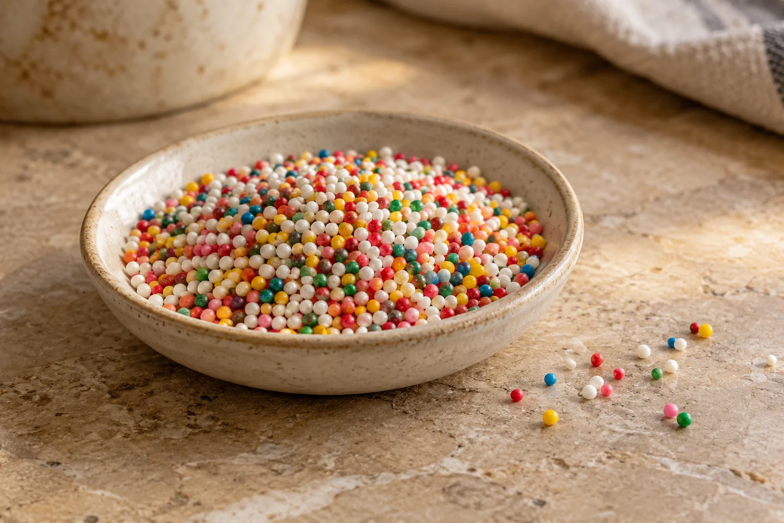 Small round colored sugar sprinkles.