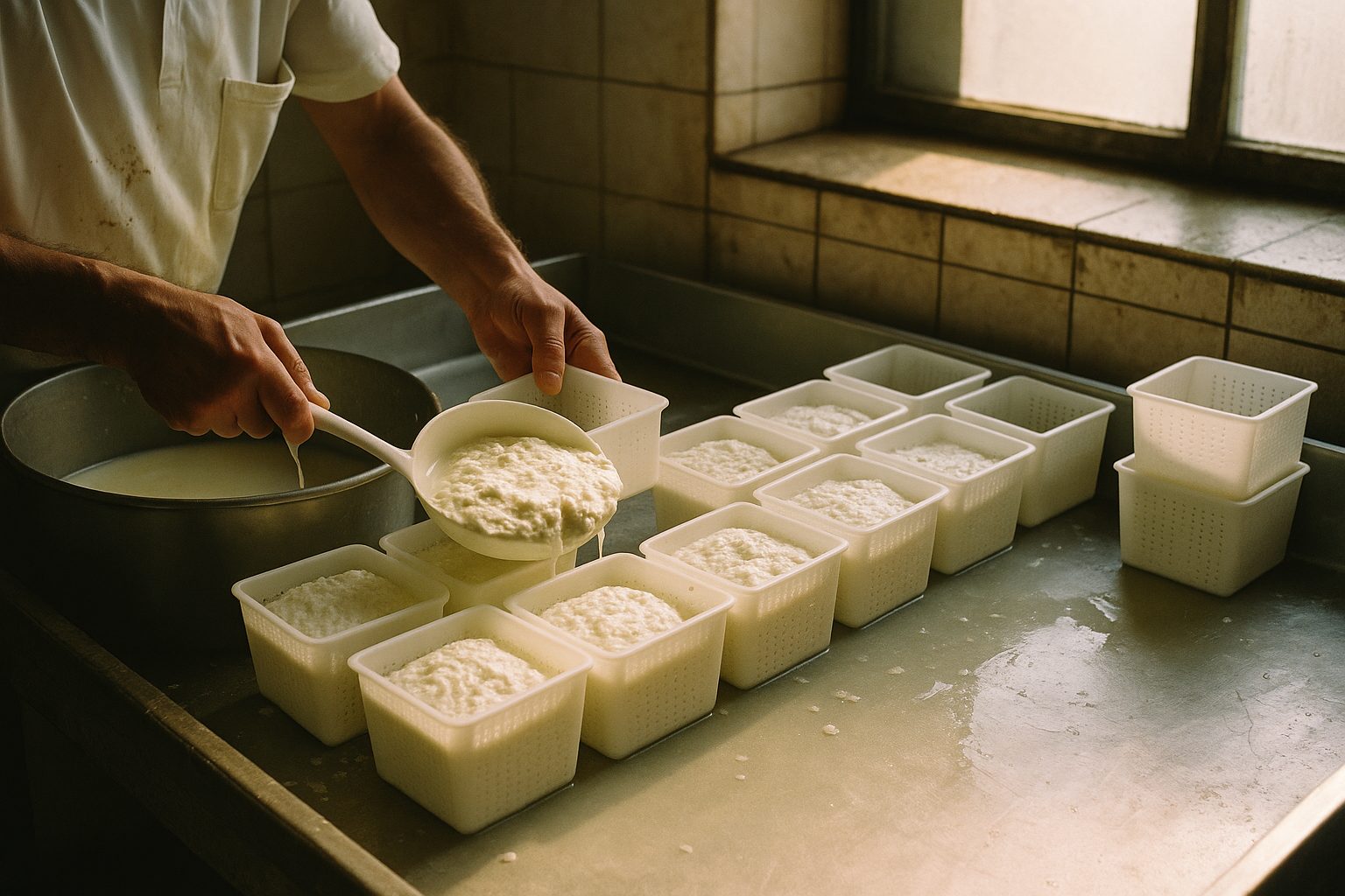 Ladling crescenza curd into square molds at a Lombardy dairy