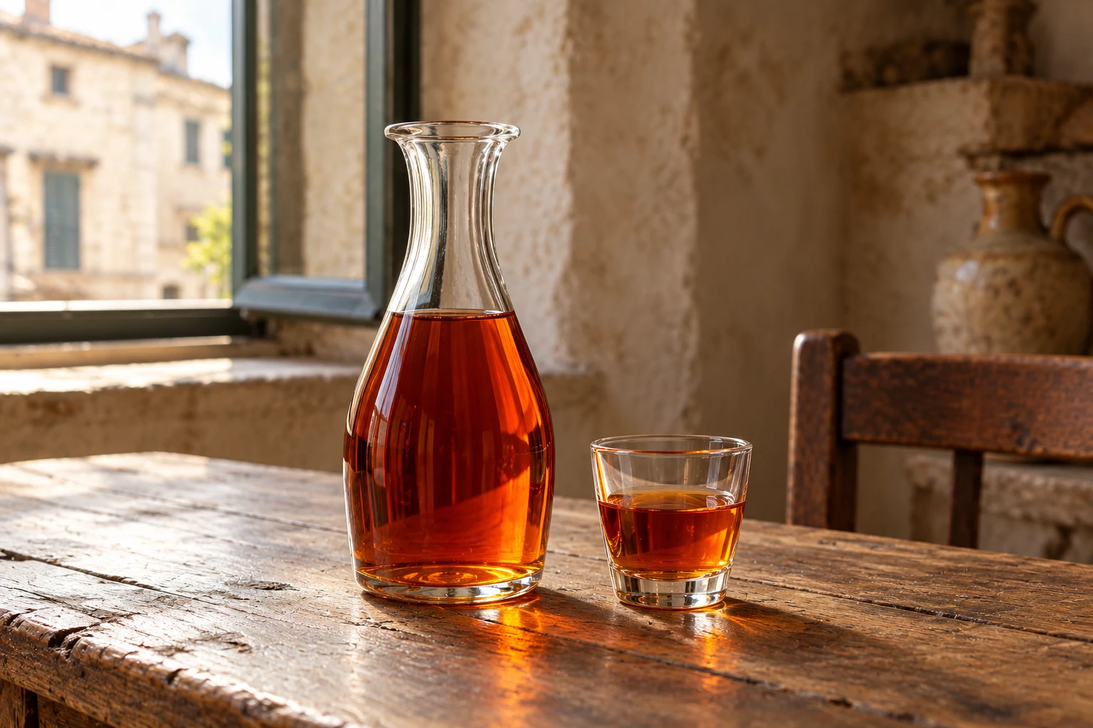 Liquore Curaçao ambrato in una caraffa semplice e un bicchierino