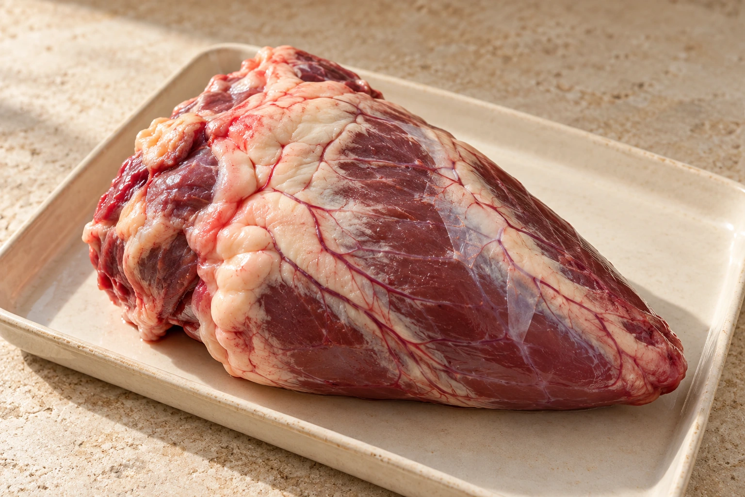 Cuore bovino crudo con muscolo rosso scuro e grasso chiaro in superficie.