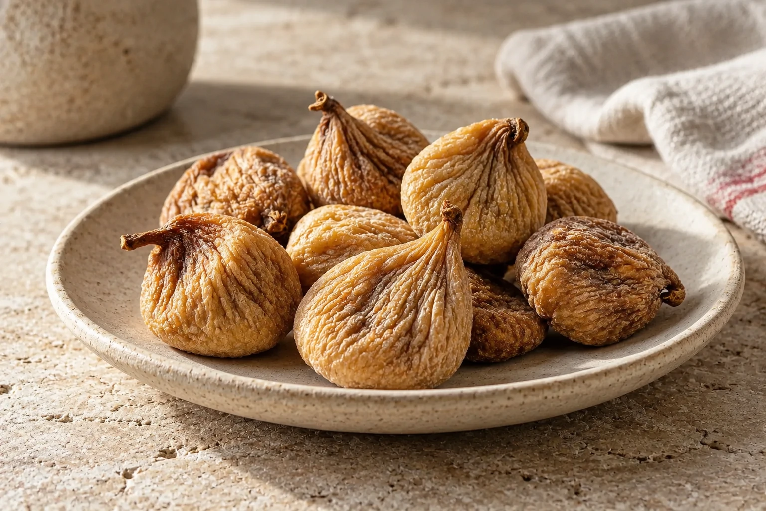 Fichi secchi interi dorati dalla buccia rugosa su un piatto di ceramica.
