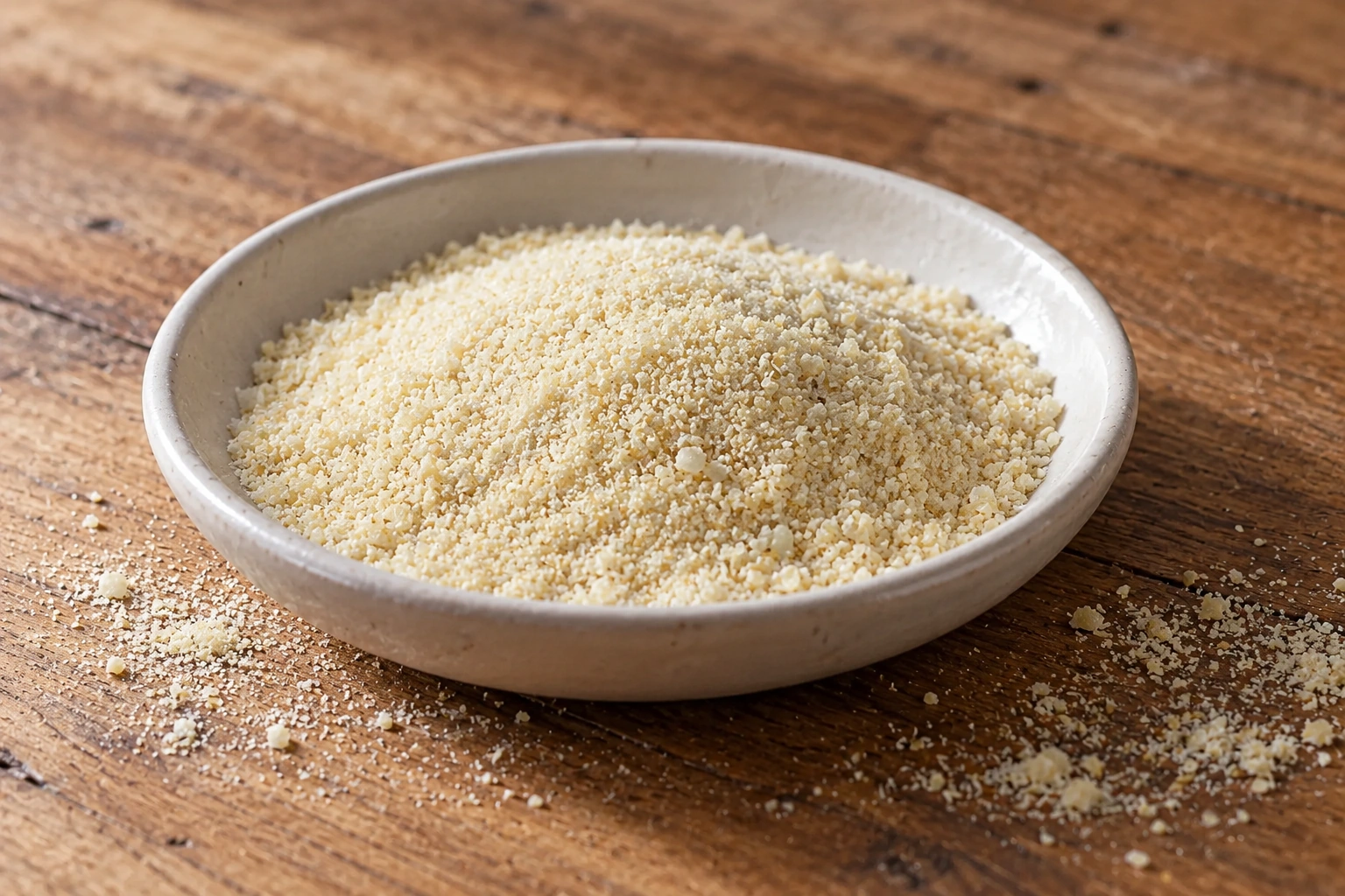 Pale raw coarse durum-wheat semolina with small irregular fragments.