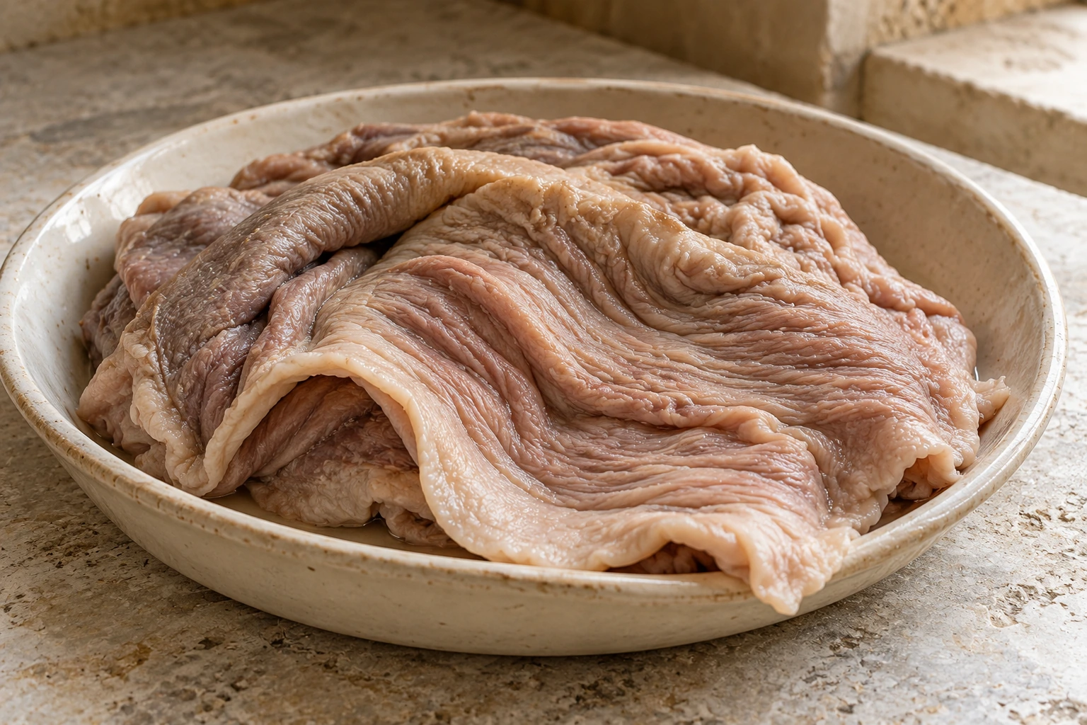 Prepared lampredotto with broad folds in a shallow ceramic dish.