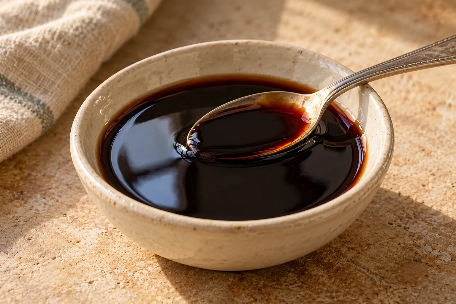 Mosto cotto d’uva scuro e lucido in una piccola tazza con un cucchiaino.