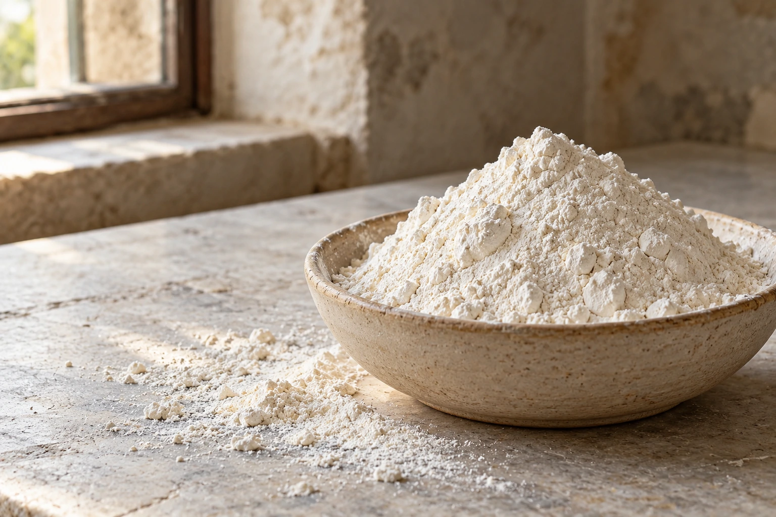 Fine white wheat flour in an earthenware bowl on a pastry counter.