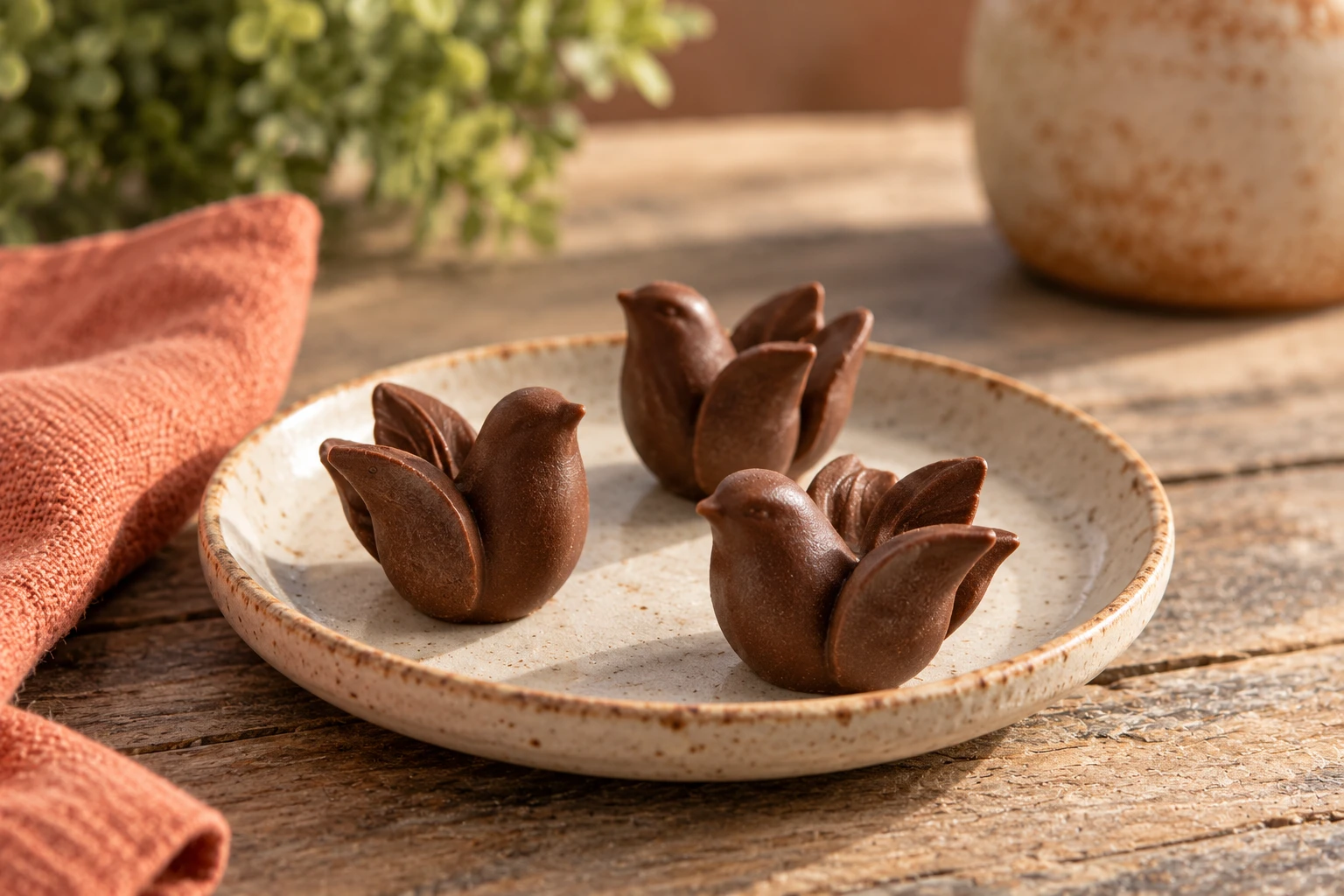 Small chocolate bird decorations on a ceramic saucer