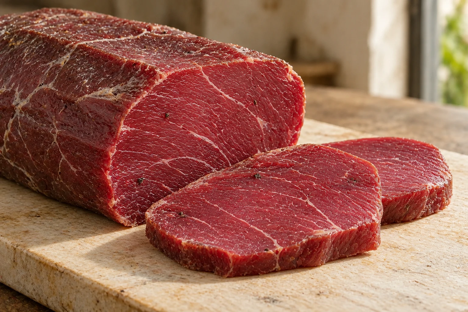 Unseared carne salada with compact fibers visible in the cut surface and slices.