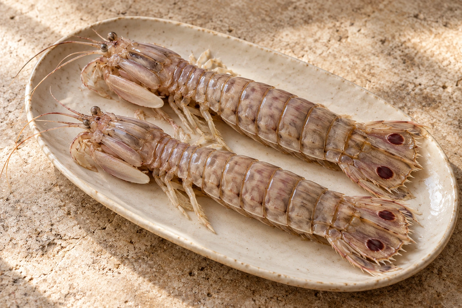 Two raw mantis shrimp with segmented shells and paired dark spots on their tails.