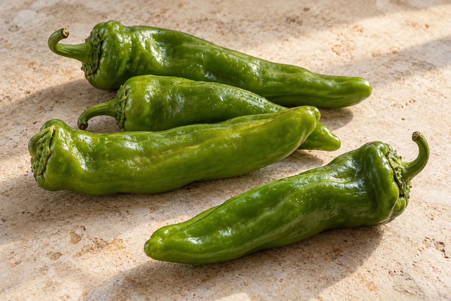 Peperoni verdi dolci, lunghi e freschi, su una superficie di pietra chiara.