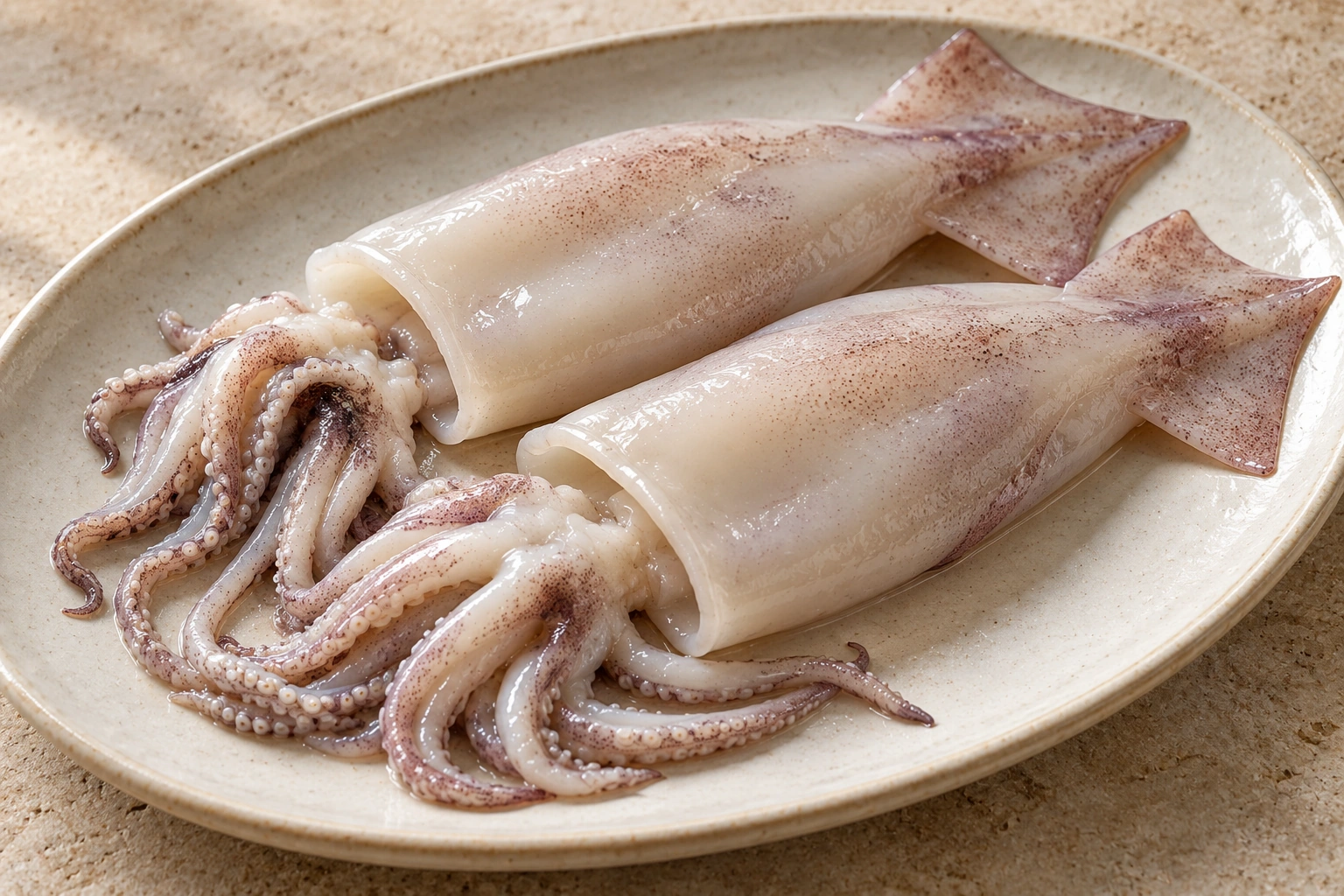 Two cleaned raw squid with open mantle tubes, fins and arm clusters on a ceramic platter.