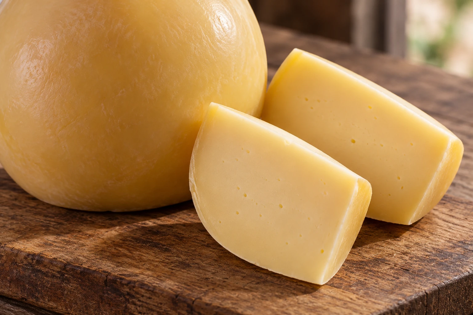 Spicchi di caciocavallo accanto alla crosta gialla e liscia della forma.