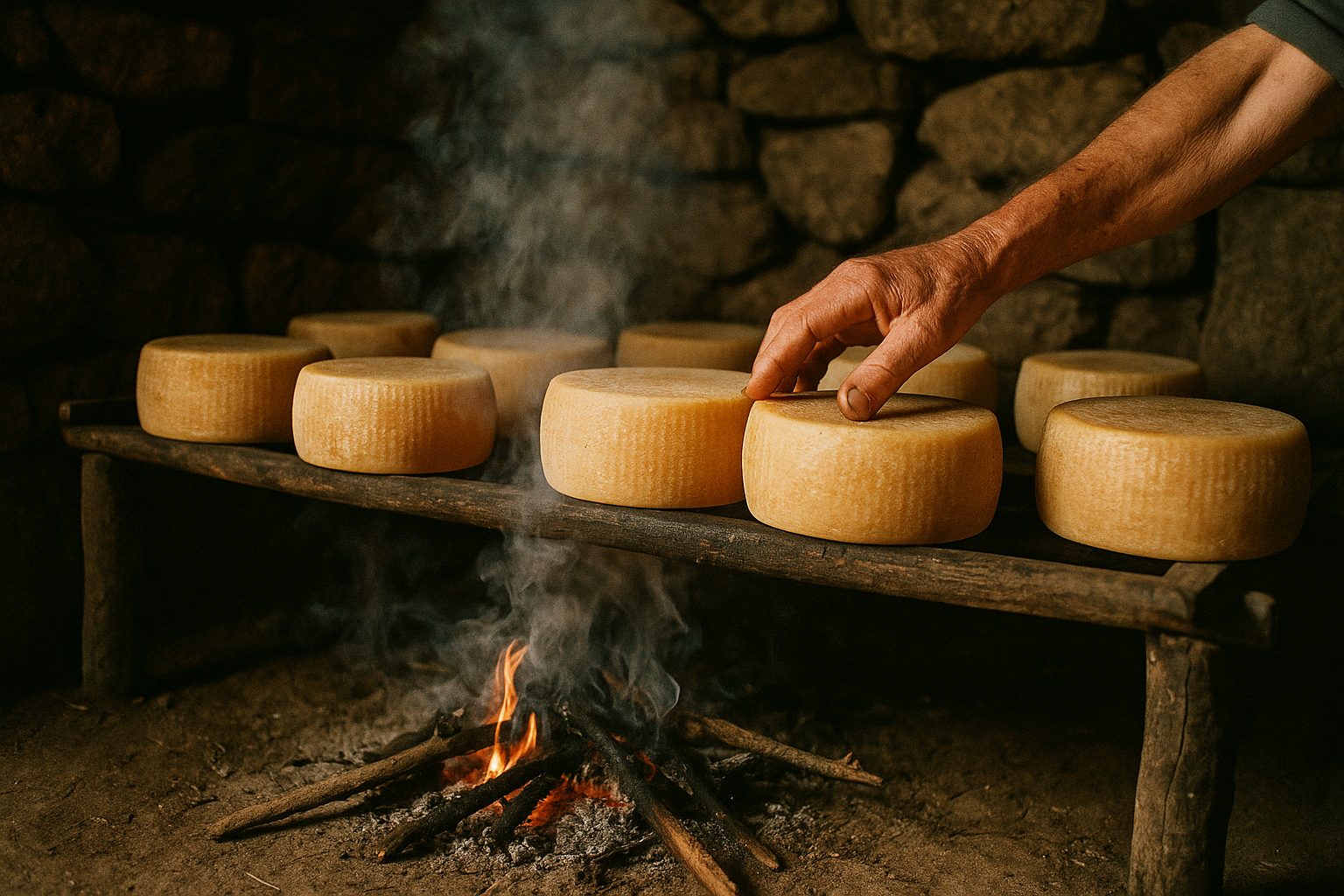 Fiore Sardo wheels smoking over a juniper fire in a Sardinian hut