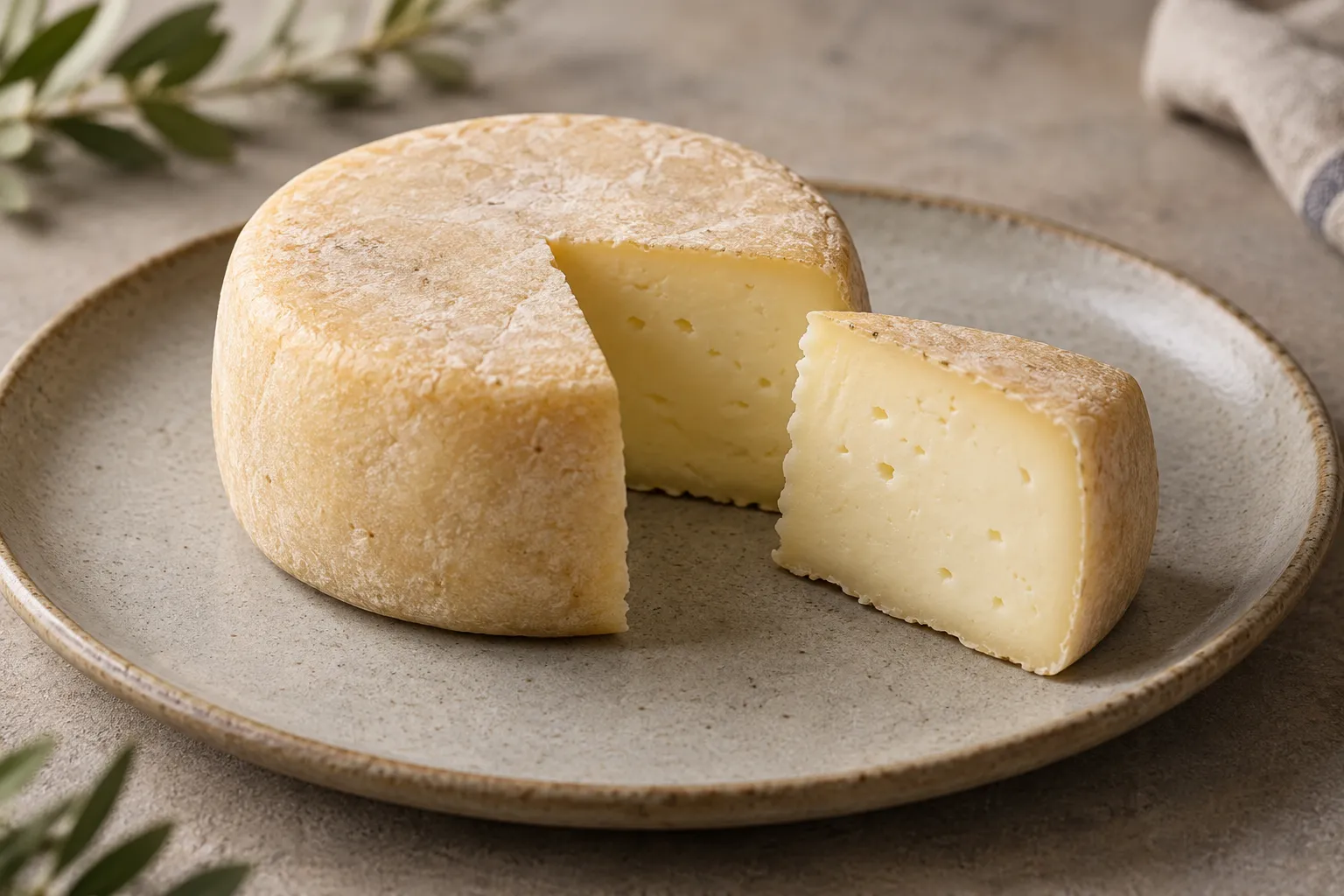 A small pale cheese wheel and a cut wedge with sparse holes on a ceramic plate.
