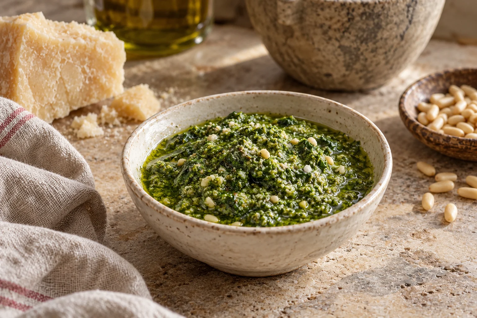 Fresh basil pesto with a coarse green texture in a small bowl.