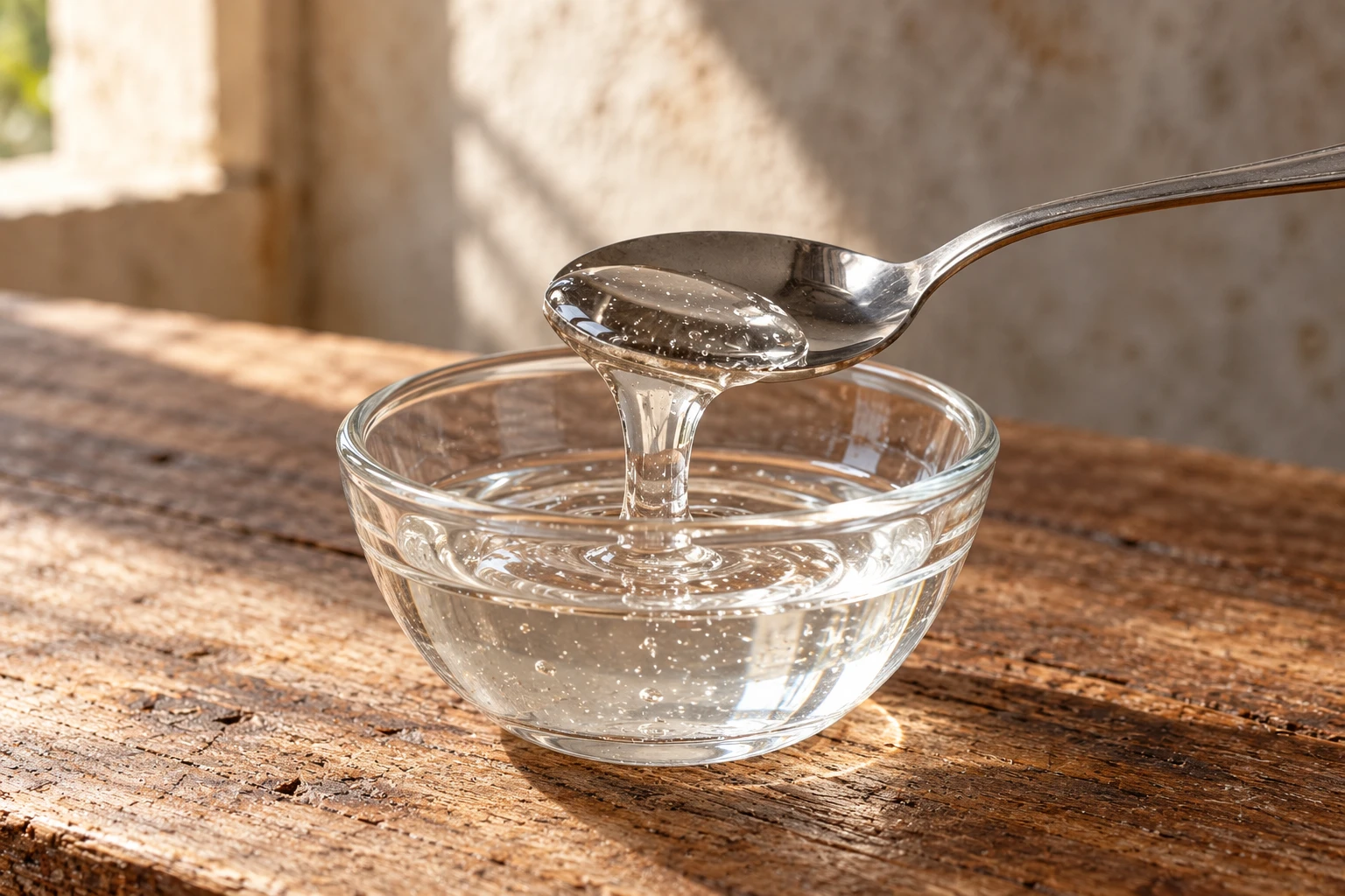Sciroppo di glucosio trasparente che scende da un cucchiaio in una ciotola di vetro