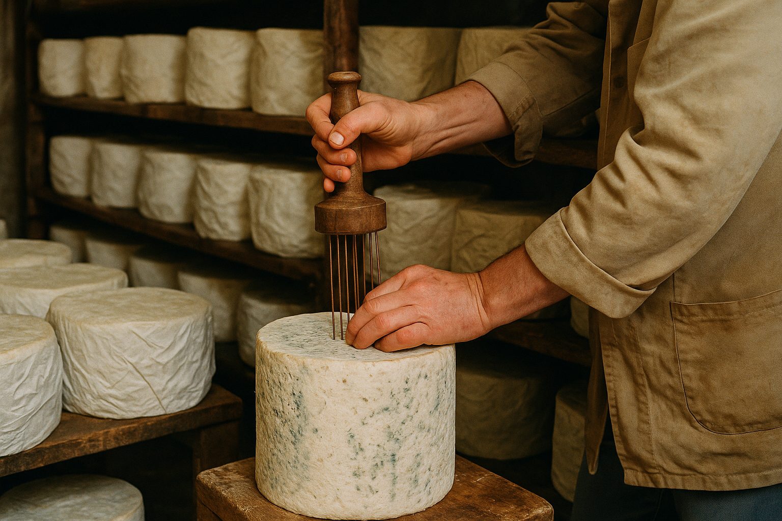 Piercing a Gorgonzola wheel with copper needles in the aging room